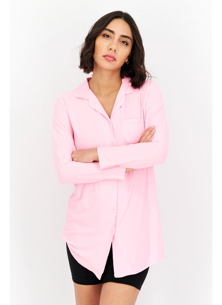 Not A Morning Person - Women Long Sleeve Button Front Night Shirt, Pink - Image 1