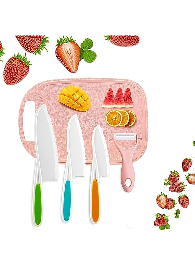Raxoom Kids Knifes Set,5Pack Knives Safe Baking Cutting Cooking Children's Beginners Cut Fruits Salad Veggies CakeFun Firm Grip Serrated Edges Friendly Childrens Knife With Board Peeler (PINK) - Image 1