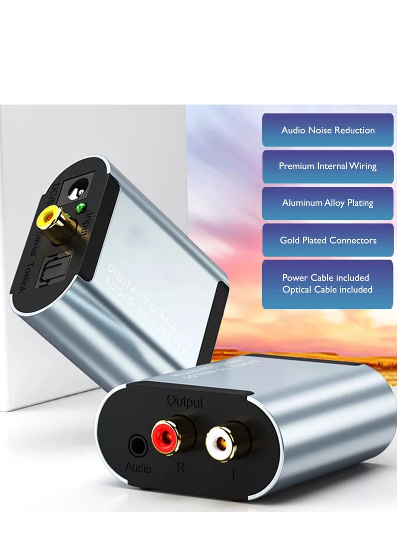 DAC Digital to Analog Audio Converter Aluminum Optical to RCA Converter with Optical Coaxial Cable Digital Spdif/Optical/Toslink to Analog Stereo L/R RCA for PS4 Xbox TV DVD 3.5mm Jack