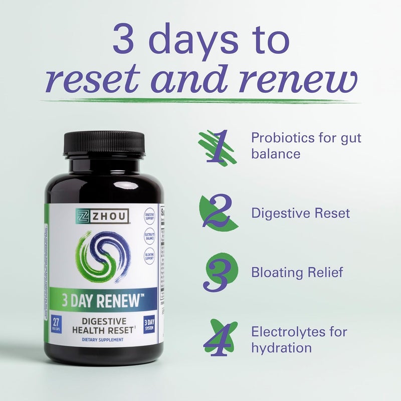 Zhou 3 Day Renew  Probiotics for Digestive Health Probiotics for Men and Women Gut Health  Natural Reset Support Supplement with Ginger and Aloe  27 Veg Caps - Image 3