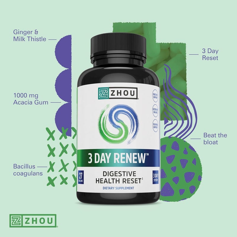 Zhou 3 Day Renew  Probiotics for Digestive Health Probiotics for Men and Women Gut Health  Natural Reset Support Supplement with Ginger and Aloe  27 Veg Caps - Image 4