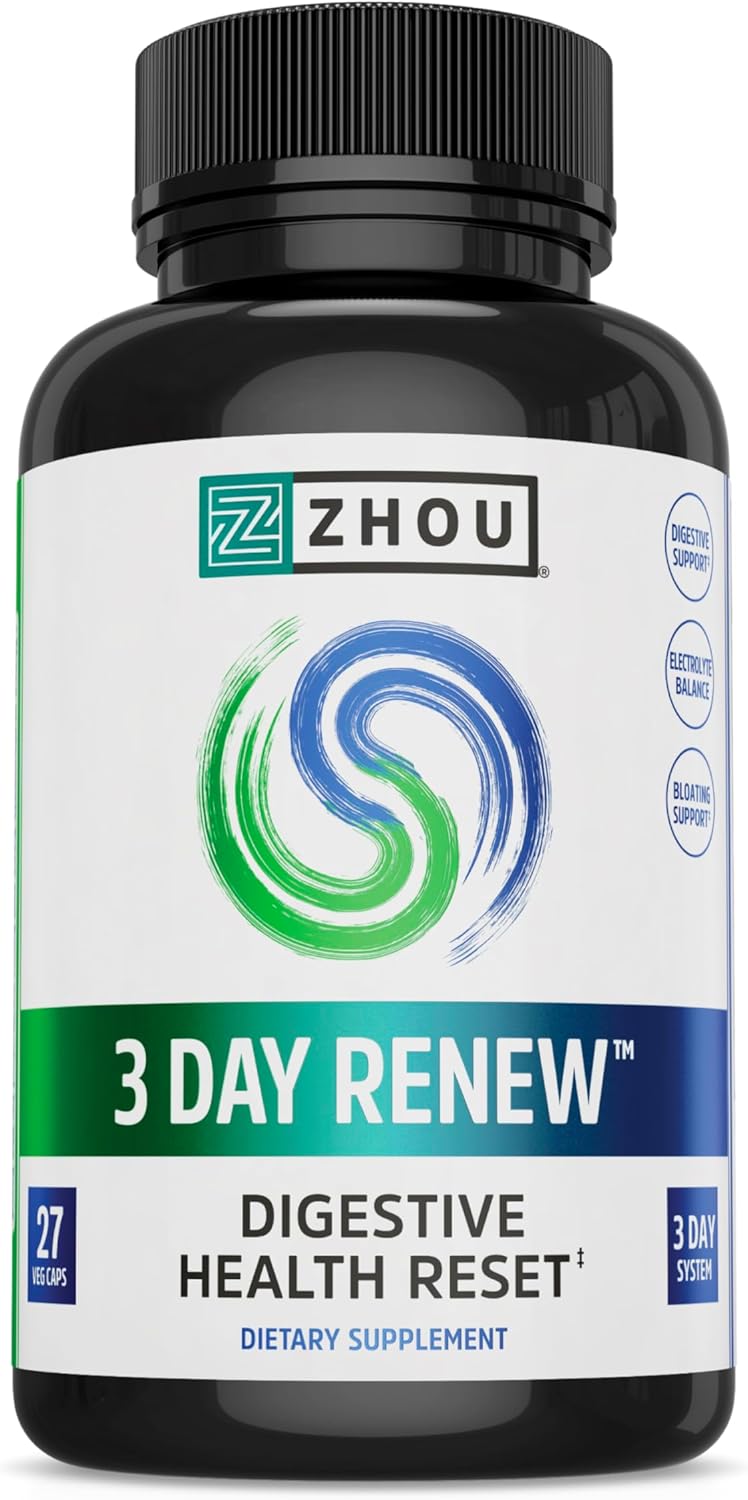 Zhou 3 Day Renew  Probiotics for Digestive Health Probiotics for Men and Women Gut Health  Natural Reset Support Supplement with Ginger and Aloe  27 Veg Caps - Image 1