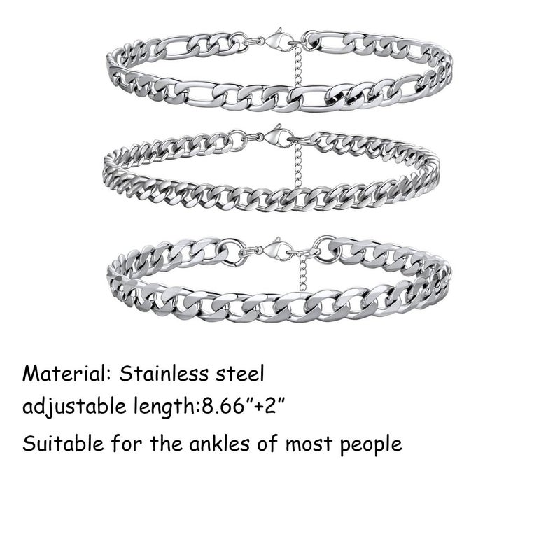 PINCHUAN Silver Ankle Bracelets for Women Waterproof Stainless Steel Anklet Adjustable Layered Cuban Silver Anklets Set Summer Beach Foot Jewelry Gift-Cuban chain - Image 2