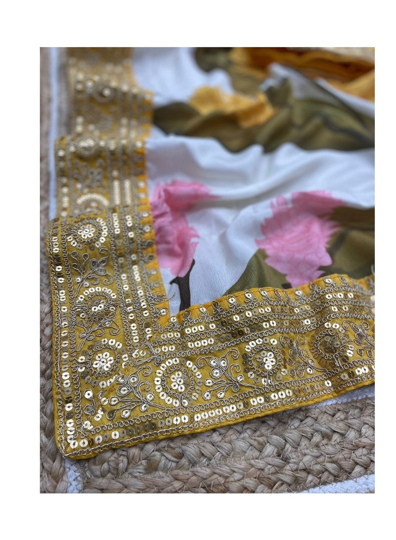 Grab Mantra ساري من الحرير الساتان مطبوع باللون الأبيض مع حافة عمل باللون الأصفر وبلوزة من الحرير الخادي الأصفر غير مخيطة  - Image 5