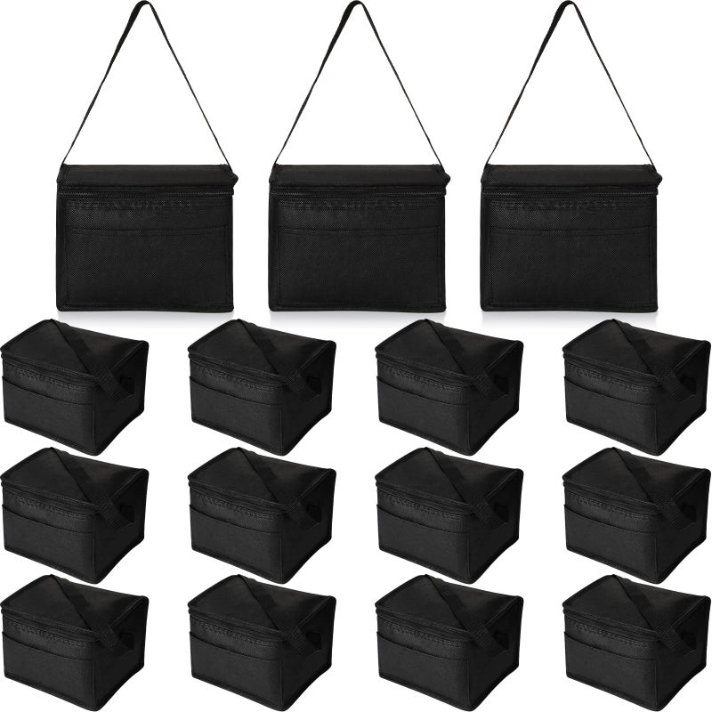 Nuogo 15 Pack Insulated Lunch Bags Bulk Reusable Cooler Boxes Leakproof Lunch Boxes Set Waterproof Thermal Coolers Insulated Beverage Bag for Women Men Work Picnic BeachBlack