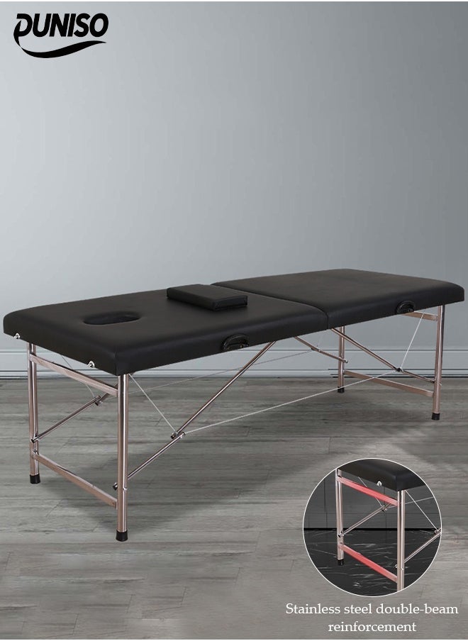 DUNISO Portable Massage Table,Foldable Professional Massage Tables with Pillow,SPA Bed with Stainless Steel Frame 2 Fold for SPA Salon Tattoo Massage Therapeutic Treatment,Black  - Image 1