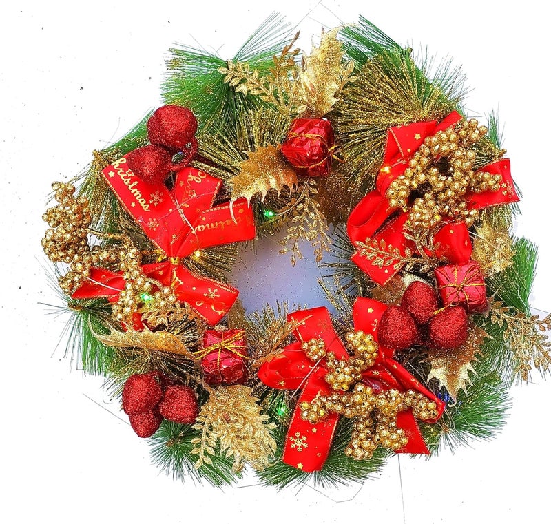 Partunay1 Pcs Light Up Pine Red Bow Wreath Xmas Christmas Front Door Wall Decoration Christmas Wreath Christmas Decoration Item - Image 2