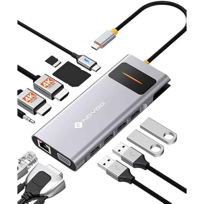 NOVOO USB C DOCKING STATION TRIPLE DISPLAY 13 IN 1 USB C 4K @ 60HZ DUAL HDMI USB C HUB VGA ADAPTER GIGABIT ETHERNET 100W PD, 4 USB DATA PORTS, SD/TF,AUDIO/MIC USB C ADAPTER FOR MACBOOK DELL SURFACE HP - Image 1