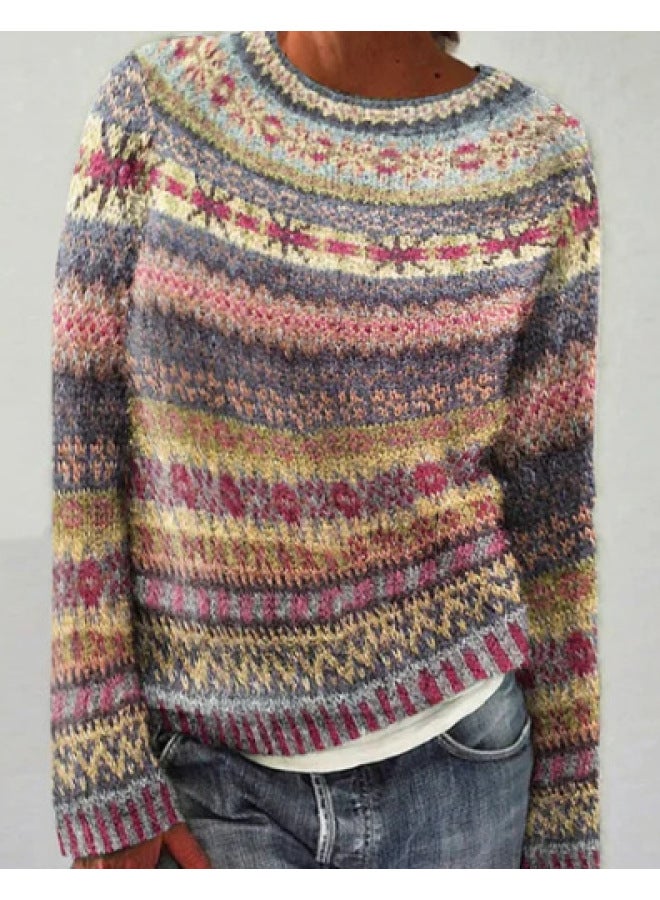 European And American Women's Clothing Hot Round-neck Long-sleeved Color-blocked Loose Casual Fashion over Sweater Women's Knitwear