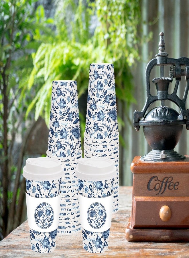 JarThenaAMCS 50 Sets Blue Floral Coffee Cups with Lids and Sleeves 16oz Vintage Flower Paper Cups Retro Disposable To Go Coffee Cups For Cafe Shop Cappuccino Chocolate Beverage Cocoa - Image 4