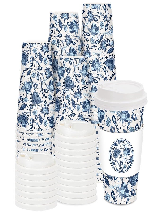 JarThenaAMCS 50 Sets Blue Floral Coffee Cups with Lids and Sleeves 16oz Vintage Flower Paper Cups Retro Disposable To Go Coffee Cups For Cafe Shop Cappuccino Chocolate Beverage Cocoa - Image 1