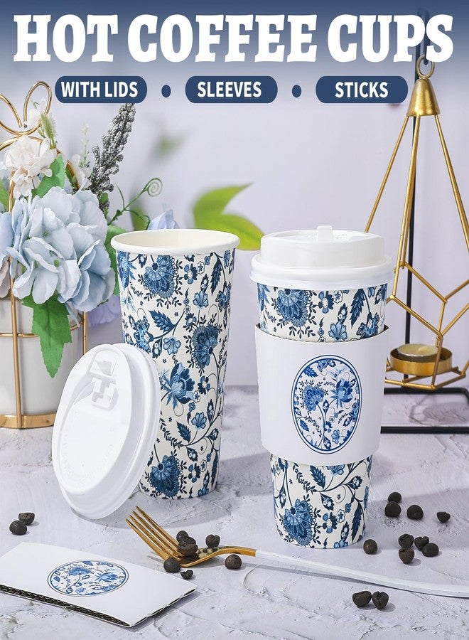 JarThenaAMCS 50 Sets Blue Floral Coffee Cups with Lids and Sleeves 16oz Vintage Flower Paper Cups Retro Disposable To Go Coffee Cups For Cafe Shop Cappuccino Chocolate Beverage Cocoa - Image 3