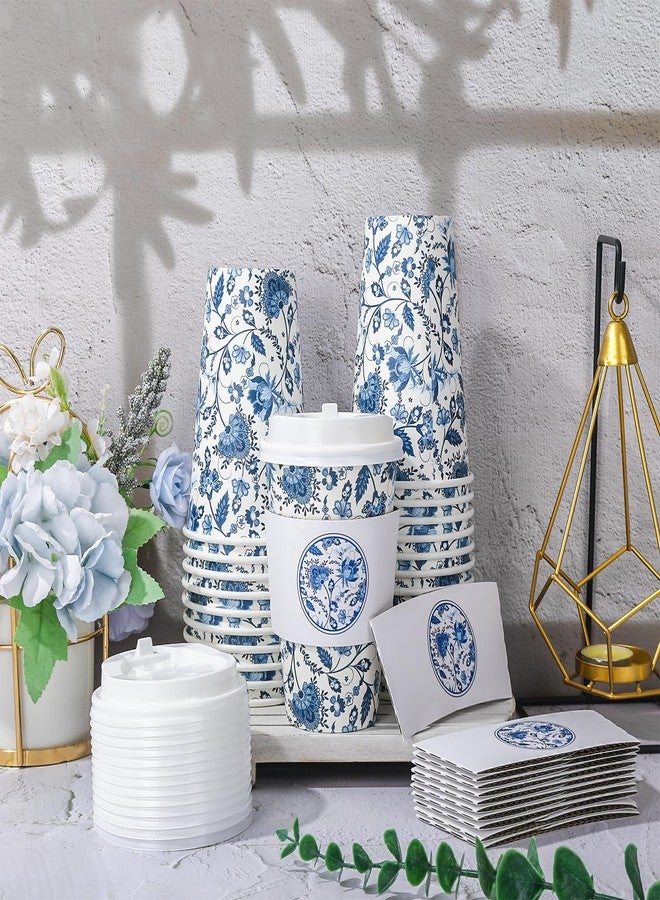 JarThenaAMCS 50 Sets Blue Floral Coffee Cups with Lids and Sleeves 16oz Vintage Flower Paper Cups Retro Disposable To Go Coffee Cups For Cafe Shop Cappuccino Chocolate Beverage Cocoa - Image 5