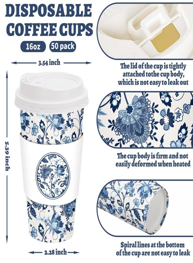 JarThenaAMCS 50 Sets Blue Floral Coffee Cups with Lids and Sleeves 16oz Vintage Flower Paper Cups Retro Disposable To Go Coffee Cups For Cafe Shop Cappuccino Chocolate Beverage Cocoa - Image 2