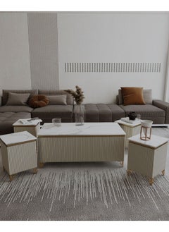 Luxury Coffee Table Set – 5 Pieces, Elegant Light Beige Design with Gold Accents & Premium Marble Top, Main Table with a Length of 122 cm, Width of 61.5 cm, and Height of 51.5 cm, and Four Side Tables with a Length of 35 cm, Width of 35 cm, and Height of 51.5 cm. - pzsku/Z61C1856F9D227BA8B114Z/45/_/1737285123/006ccaeb-7090-4bb5-b1a0-c87b89baa757