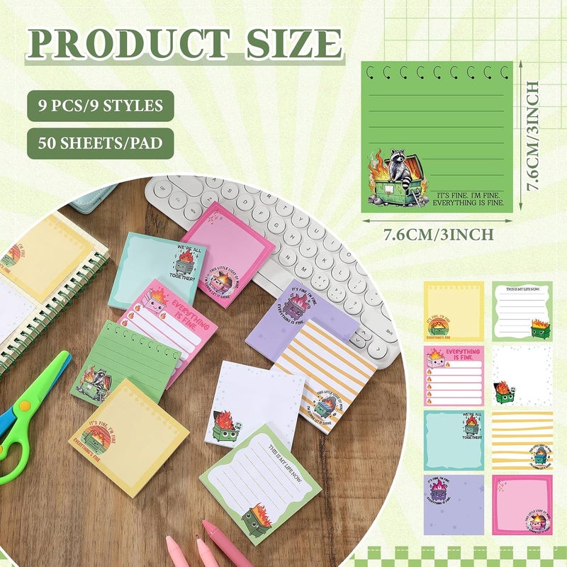 Saypacck 9 Pads Dumpster Fire Sticky Notes 3x3 Inch Cute Self Stick Notepads Notes Adhesive Memo Pad Office Decor Gifts for Students School Teacher Meeting Office Supplies - Image 2