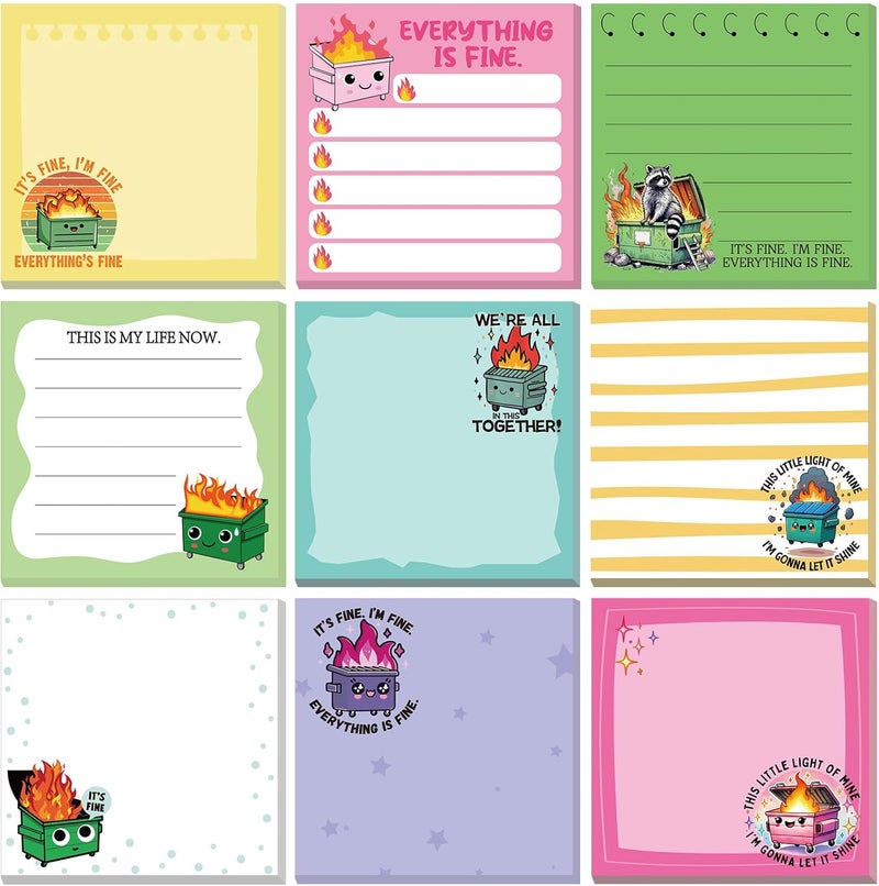 Saypacck 9 Pads Dumpster Fire Sticky Notes 3x3 Inch Cute Self Stick Notepads Notes Adhesive Memo Pad Office Decor Gifts for Students School Teacher Meeting Office Supplies - Image 1