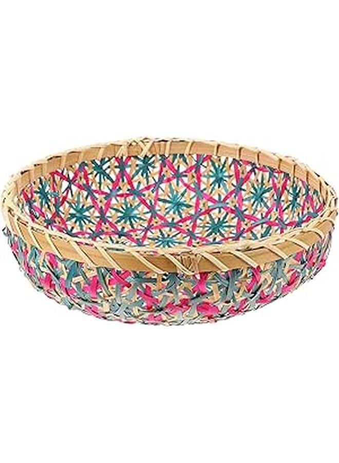 Hand Woven Bread Fruit Basket With Blue Trim Kitchen Organizer Storage Container - Image 1