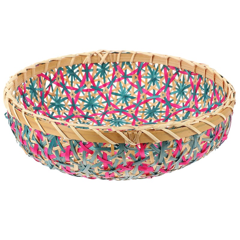 Hand Woven Bread Fruit Basket With Blue Trim Kitchen Organizer Storage Container - Image 2