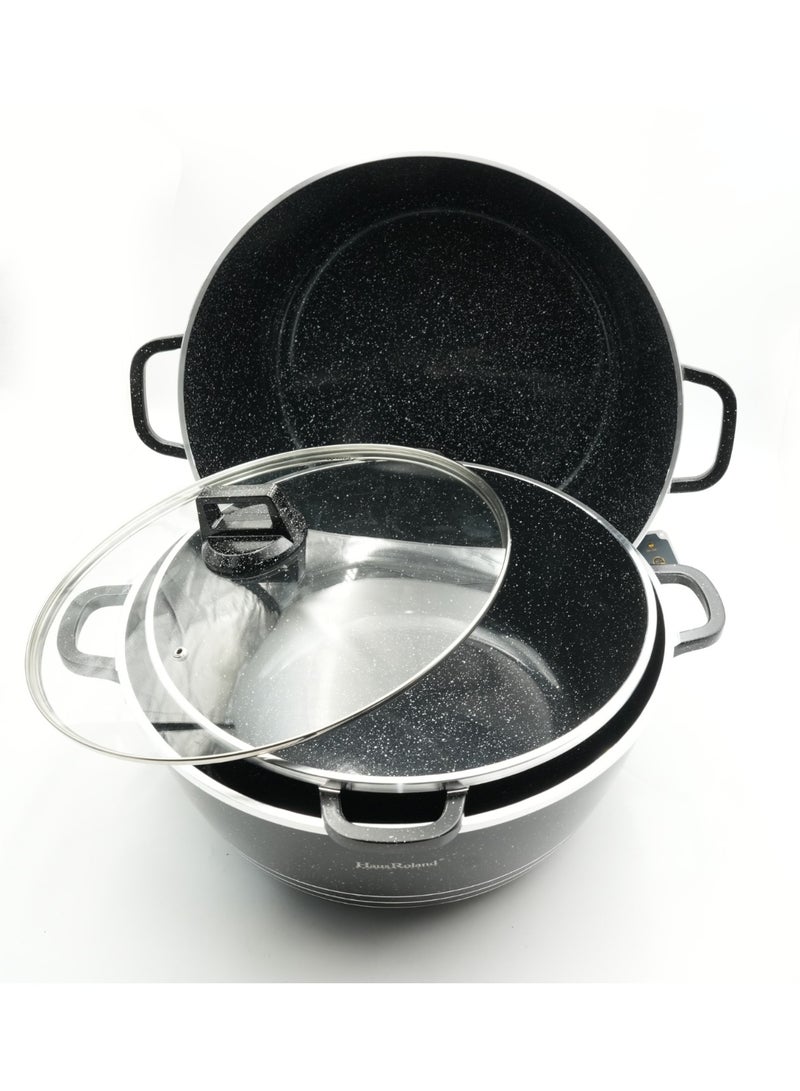 Haus Roland 6-Piece Granite Non-Stick Casserole Cookware Set with Glass Lids, Die-Cast Aluminum Stockpots for Cooking, Induction & Gas Compatible, Heat-Resistant Handles – 21L, 27L, 16L