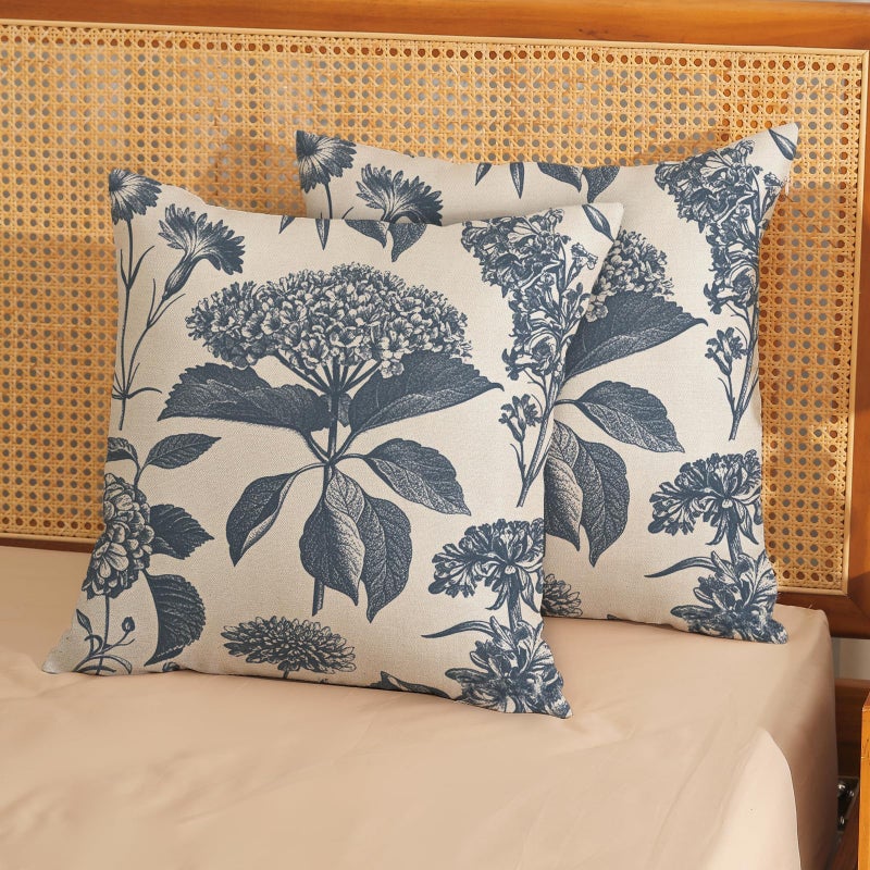 GOLIANDA Blue Pillow Covers 18x18 Set of 2 Vintage Boho Floral Hydrangea Herbs Botanical Throw Pillow Cover Outdoor Flower Decoration Pillowcase Linen Farmhouse Cushion Case Decorative for Couch Sofa - Image 2