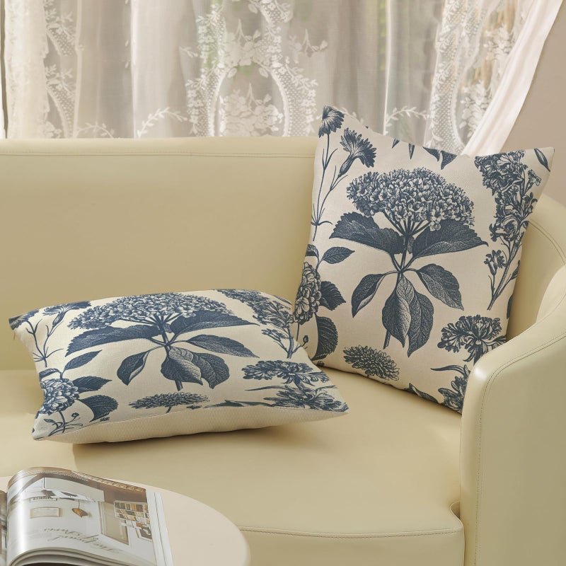 GOLIANDA Blue Pillow Covers 18x18 Set of 2 Vintage Boho Floral Hydrangea Herbs Botanical Throw Pillow Cover Outdoor Flower Decoration Pillowcase Linen Farmhouse Cushion Case Decorative for Couch Sofa - Image 4