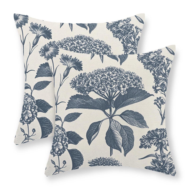 GOLIANDA Blue Pillow Covers 18x18 Set of 2 Vintage Boho Floral Hydrangea Herbs Botanical Throw Pillow Cover Outdoor Flower Decoration Pillowcase Linen Farmhouse Cushion Case Decorative for Couch Sofa - Image 1