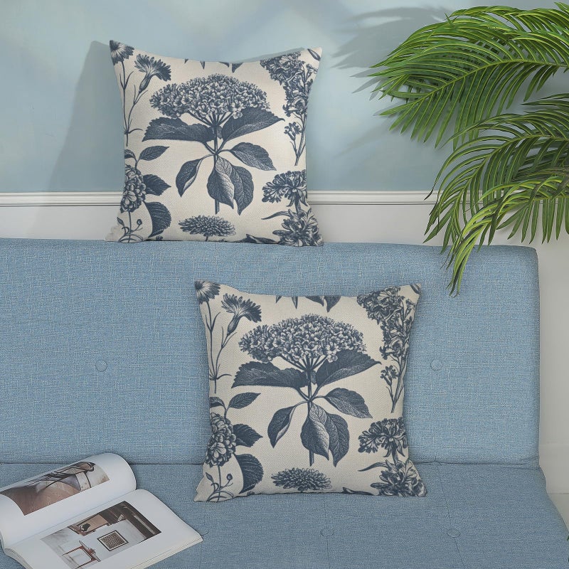 GOLIANDA Blue Pillow Covers 18x18 Set of 2 Vintage Boho Floral Hydrangea Herbs Botanical Throw Pillow Cover Outdoor Flower Decoration Pillowcase Linen Farmhouse Cushion Case Decorative for Couch Sofa - Image 3