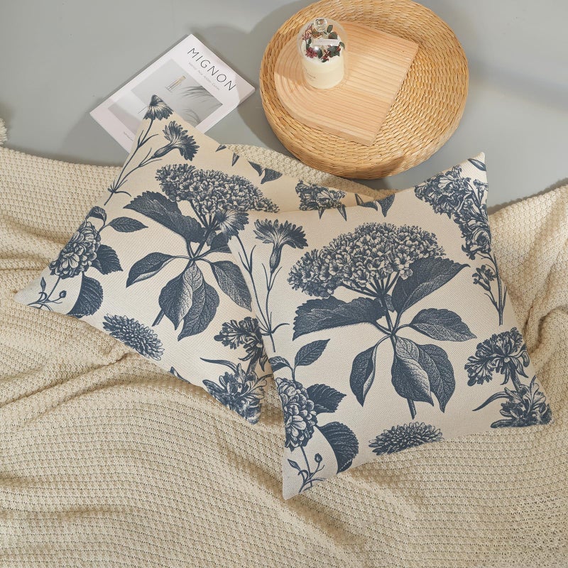 GOLIANDA Blue Pillow Covers 18x18 Set of 2 Vintage Boho Floral Hydrangea Herbs Botanical Throw Pillow Cover Outdoor Flower Decoration Pillowcase Linen Farmhouse Cushion Case Decorative for Couch Sofa - Image 5