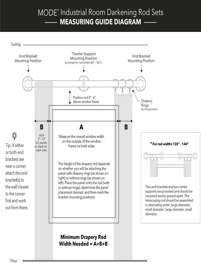 مود مجموعة MODE الصناعية لتعتيم الغرف، قضيب ستارة صناعي بقطر 1 1/8 بوصة مع قضيب ستارة فولاذي قابل للتمديد يُثبت على الحائط، يحجب الضوء، يناسب النوافذ من 36 بوصة إلى 72 بوصة، أسود مطفي - Image 5