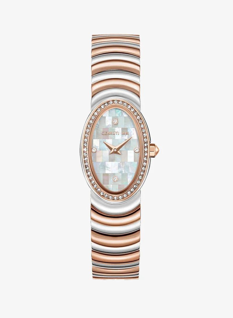 Norcia Analog Women's Watch - Oval Mosaic White Mother of Pearl Dial, Two-Tone Bracelet, Butterfly Buckle