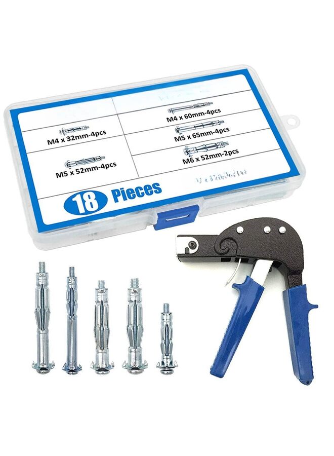 أداة تثبيت مرساة الحائط مع 18 قطعة من براغي مرساة الحائط المجوفة، مجموعة متنوعة من مسدسات التثبيت شديدة التحمل لتثبيت مرساة التجويف على ألواح الجبس - Image 1