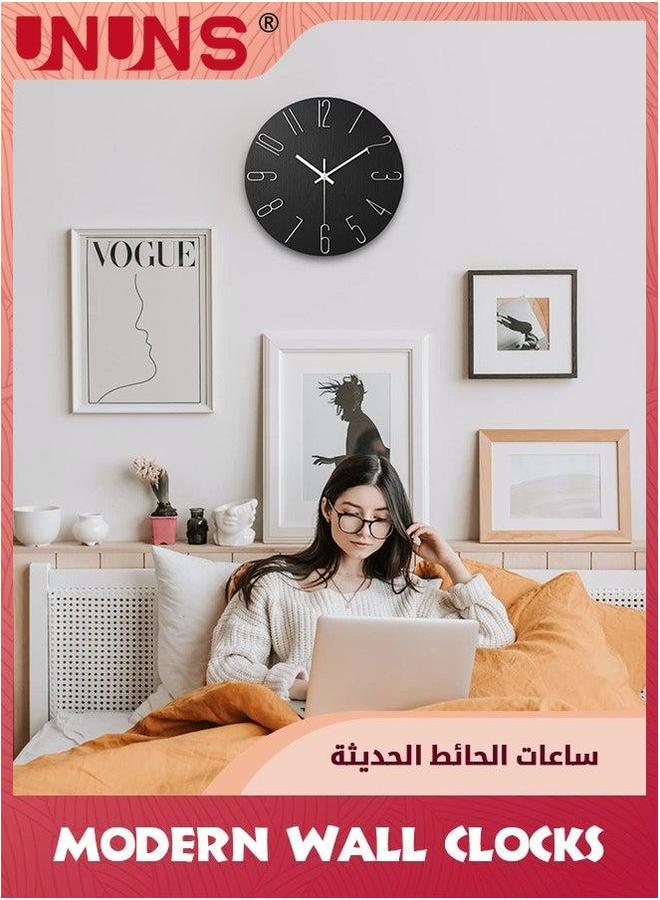 UNUNS ساعة حائط، 30 سم / 12 بوصة ساعة صامتة غير مزعجة، ساعات حديثة بسيطة، تعمل بالبطارية، ساعة زخرفية خشبية بسيطة للمنزل، غرفة النوم، المطبخ، غرفة المعيشة، المكتب، المدرسة، سوداء - Image 5