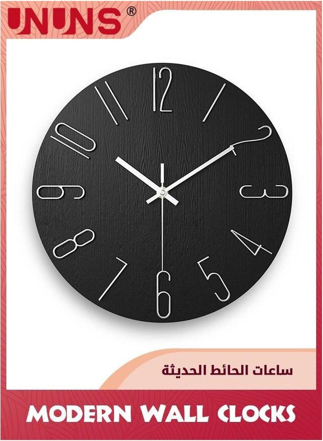 UNUNS ساعة حائط، 30 سم / 12 بوصة ساعة صامتة غير مزعجة، ساعات حديثة بسيطة، تعمل بالبطارية، ساعة زخرفية خشبية بسيطة للمنزل، غرفة النوم، المطبخ، غرفة المعيشة، المكتب، المدرسة، سوداء - Image 1