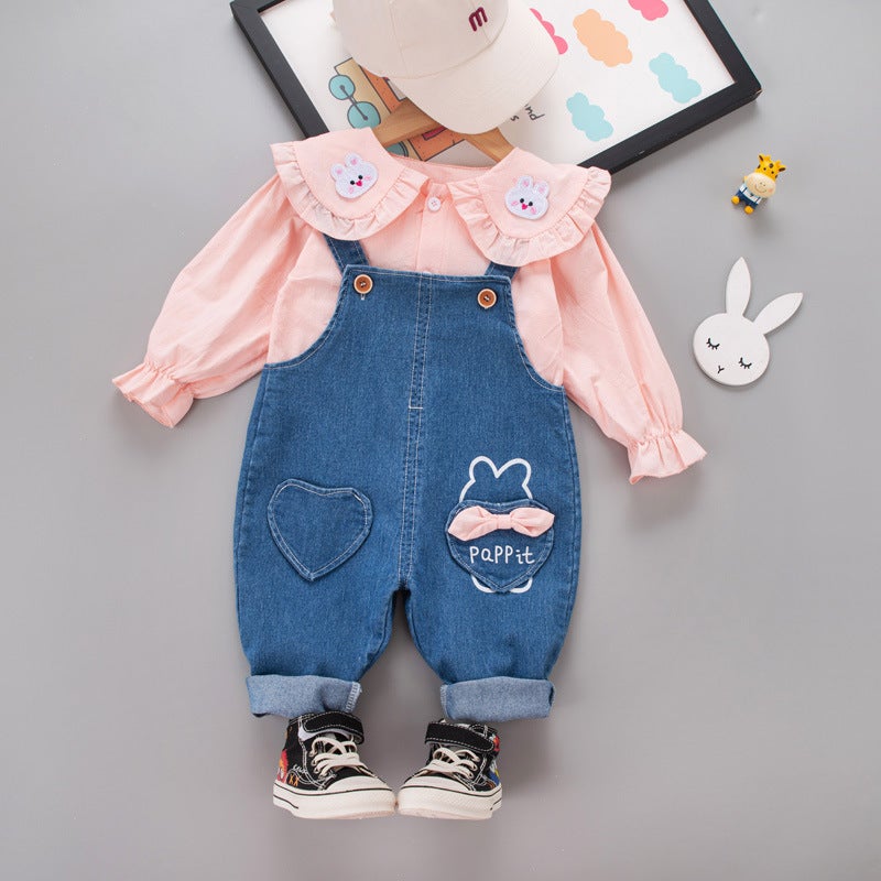 Five Small Seven Children'S Clothing 2024 New 0-4 Years Old Girl Rabbit Shirt Denim Suspenders Two-Piece Set - Image 1