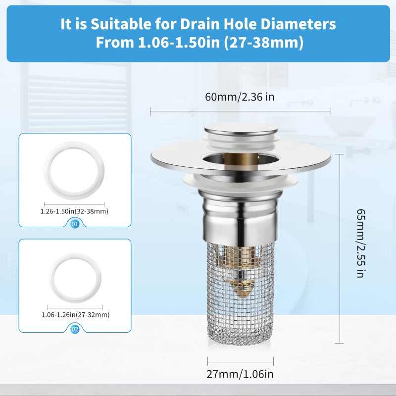 Nevellir 2 Pack Bathroom Sink Stopper for 1.06-1.50in, Universal Drain Filter with Hair Strainer, Universal Bathroom Sink Drain Pop Up Stopper for US Stainless Steel Floor Drain Filter - Image 3