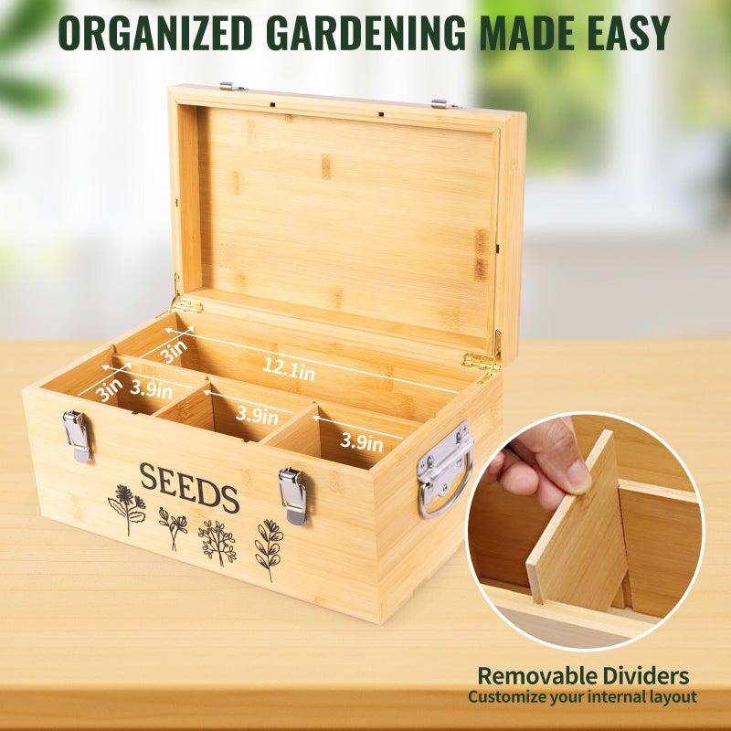 Intarsio Large Bamboo Wood Seed Storage Organizer Box with Lid,Double-Layer Seal Design Seed Saving Box with 304 Stainless Steel Safety Lock,Handles,Extra Seed Envelopes and Labels (Wood) - Image 4