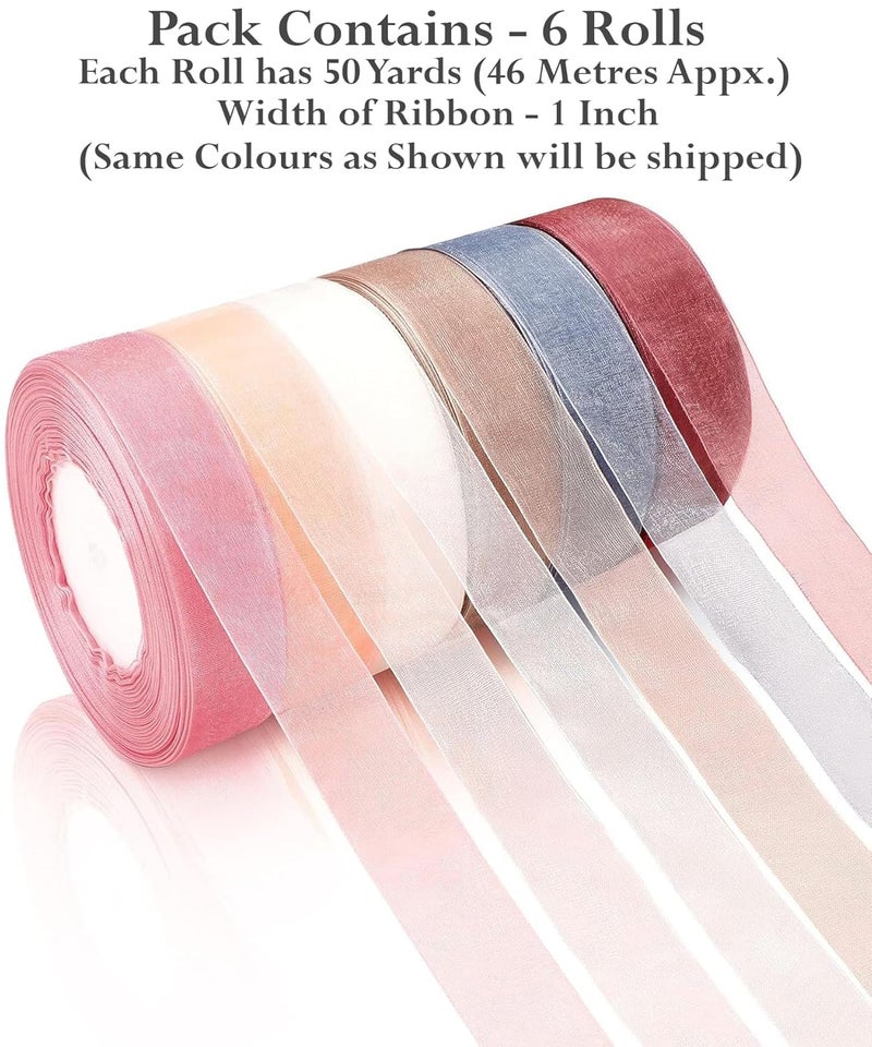 STORE 2508 Store2508 6 Rolls Pastel Colours Sheer Chiffon Ribbon Organza Satin Ribbon for Wrapping Decorating Valentine's Day Wedding Birthday Bouquet Garland (50 Yard Each Roll) - Image 2