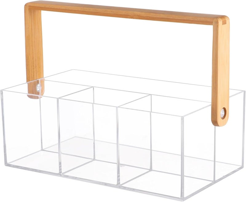 Clear Utensil Caddy, Acrylic Silverware Organizer with Wood Handle, 4 Compartments for Countertops, 9.44 x 5.23 x 7.28 in, Ideal for Kitchen, Picnics, Parties - Image 3