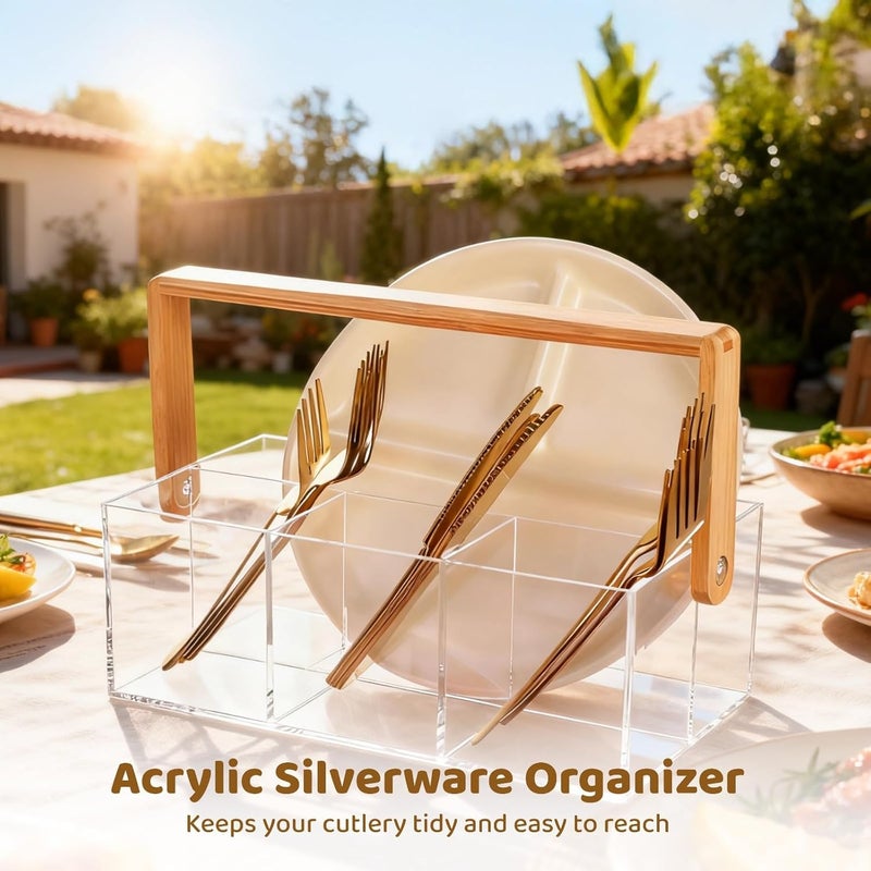 Clear Utensil Caddy, Acrylic Silverware Organizer with Wood Handle, 4 Compartments for Countertops, 9.44 x 5.23 x 7.28 in, Ideal for Kitchen, Picnics, Parties - Image 2