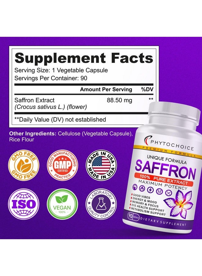 PhytoChoice Saffron Supplements - 100% Pure Saffron Extract Capsules - Boost Energy & Mood, Support Eye & Heart Health, Focus, Vision - Pure Saffron Extract 88.5 mg - Made in USA for Women & Men - 90 Capsules - Image 3