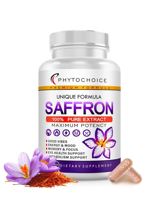 PhytoChoice Saffron Supplements - 100% Pure Saffron Extract Capsules - Boost Energy & Mood, Support Eye & Heart Health, Focus, Vision - Pure Saffron Extract 88.5 mg - Made in USA for Women & Men - 90 Capsules - Image 1