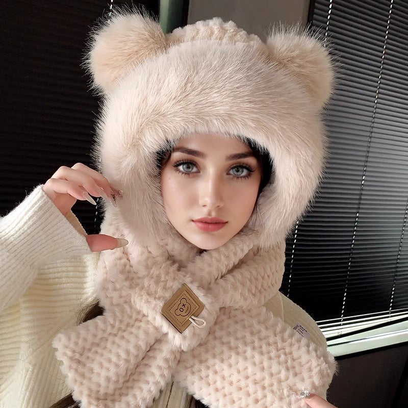 Cute Cat Ear Knit Beanie Women Autumn Winter Fashion Warm 219 beige two-piece set [fur ball ears-big fur hat brim]]