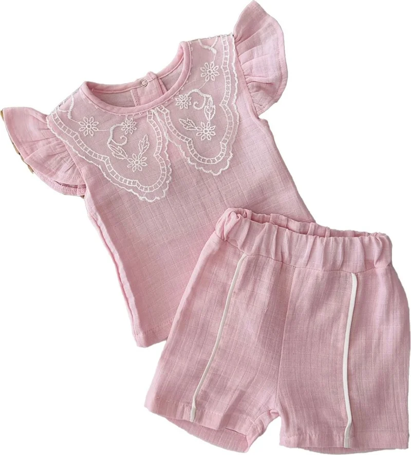 Miniğimin Cicileri My Little One's Ciciler Guipure Collar Detailed Muslin Baby Girl Set - Pink