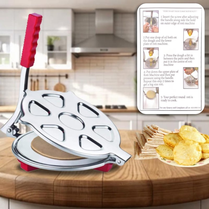 BLLUEX BLLUEX 75 inch Stainless Steel Roti Press Maker Machine for Making Chapati Puri Khakhra Papad Pathiri and Manual Hand Press with Handle OrangeSilver Large  - Image 4