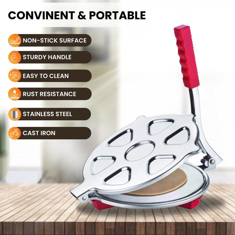 BLLUEX BLLUEX 75 inch Stainless Steel Roti Press Maker Machine for Making Chapati Puri Khakhra Papad Pathiri and Manual Hand Press with Handle OrangeSilver Large  - Image 3