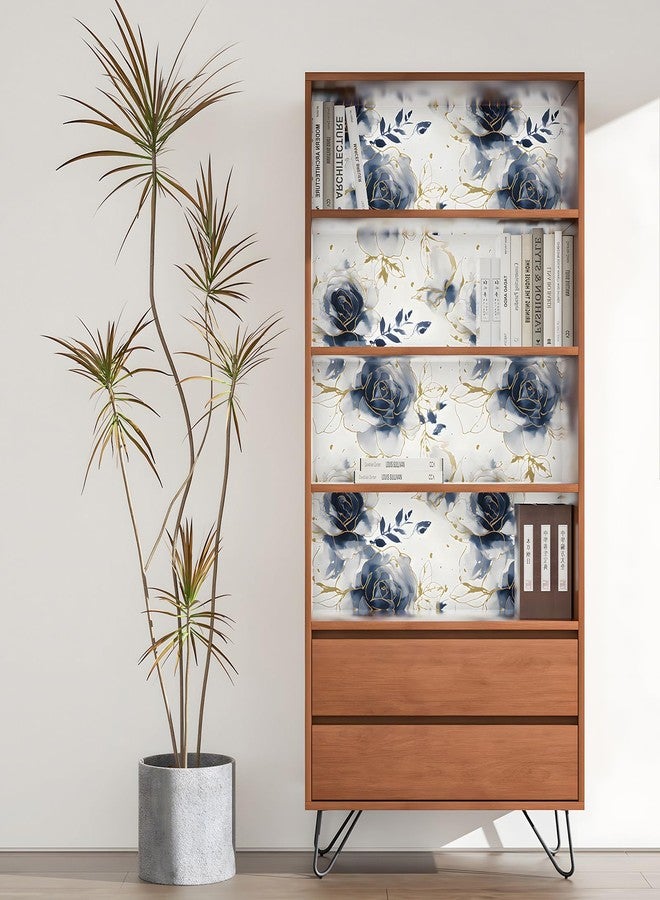 Fvlow White Floral Wallpaper Peel and Stick Watercolor Blue/Golden 17.4" x 393" Rose Flower Contact Paper Modern Wall Paper Waterproof Self-Adhesive Wall Covering for Bedroom Countertop Desk Cabinets Decor - Image 3