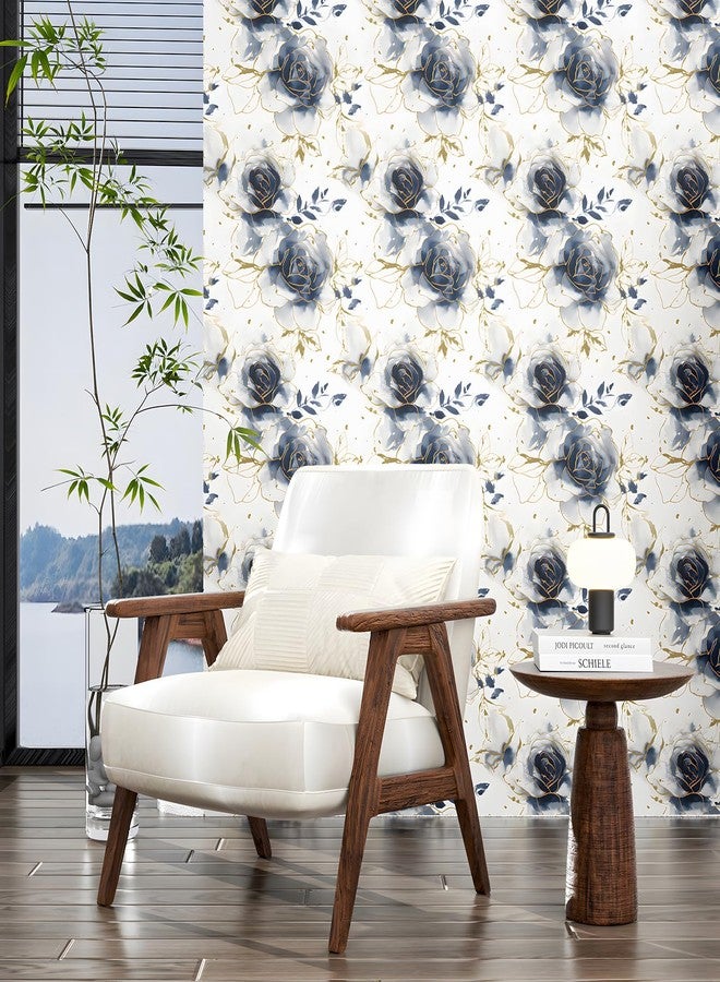 Fvlow White Floral Wallpaper Peel and Stick Watercolor Blue/Golden 17.4" x 393" Rose Flower Contact Paper Modern Wall Paper Waterproof Self-Adhesive Wall Covering for Bedroom Countertop Desk Cabinets Decor - Image 4