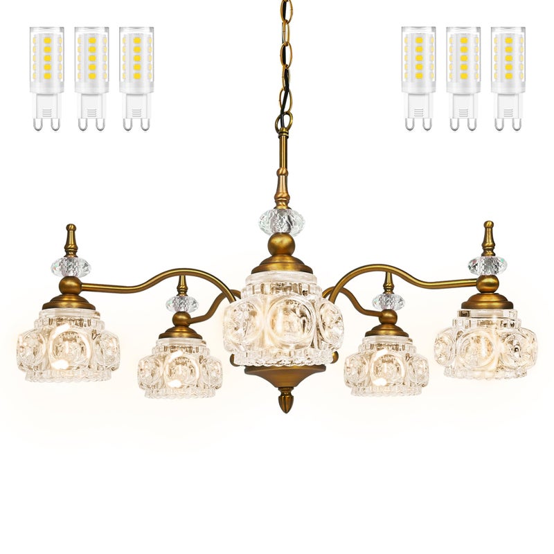 Montex Brass Pendant Light Fixture, Gold Vintage Chandelier Light Fixture 5 Lights, Include 6 Light Bulbs Glass Pendant Light Crystal Hanging Light - Image 2