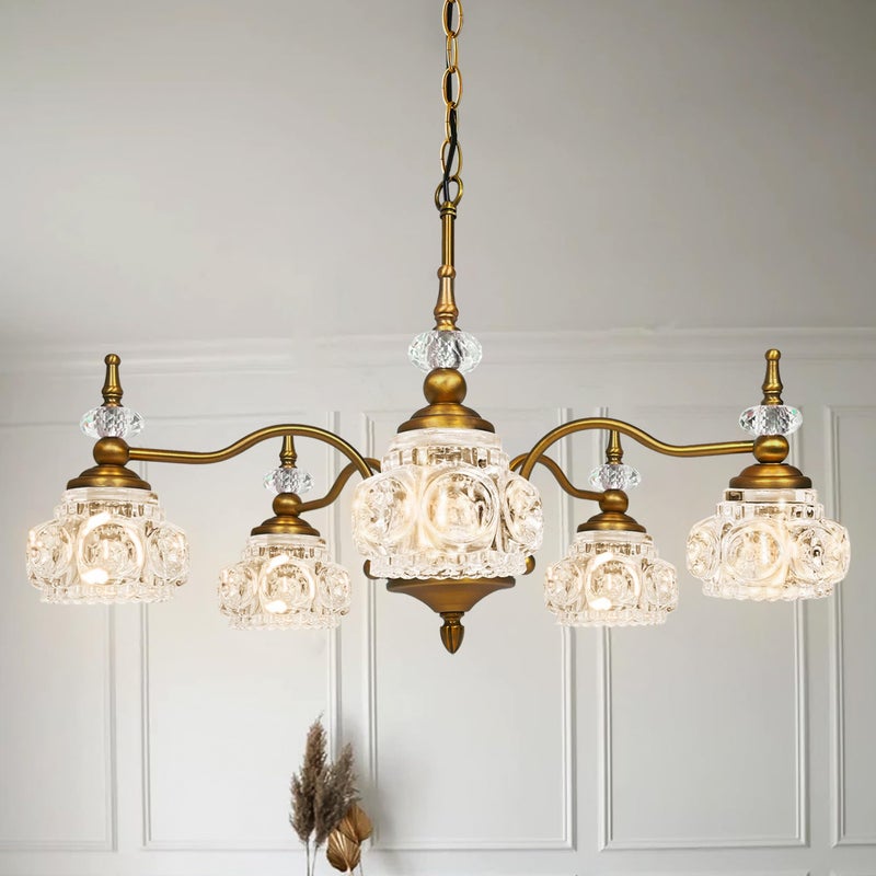 Montex Brass Pendant Light Fixture, Gold Vintage Chandelier Light Fixture 5 Lights, Include 6 Light Bulbs Glass Pendant Light Crystal Hanging Light - Image 1